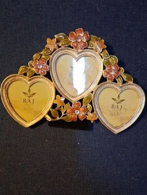 Vintage 1990's Raj Gold Heart Floral 3 Picture Frame with Pink and Green Accents